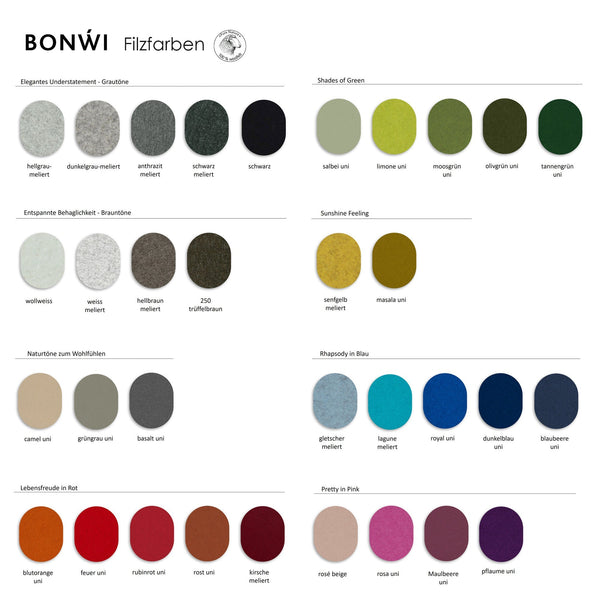  Farbpalette für Sitzkissen nach Maß aus Wollfilz mit Kettelrand. Farben erhältlich in hellgrau, dunkelgrau, anthrazit, schwarz, salbei, limone, moosgrün, olivgrün, tannengrün, wollweis, weiss, hellbraun, trüffelbraun, senfgelb, masala, camel, graugrün, basalt, gletscher, lagune, royal blau, dunkelblau, blaubeere, blutorange, feuerrot, rubinrot, rost, kirsche, rose, rosa, maulbeere, pflaume.
