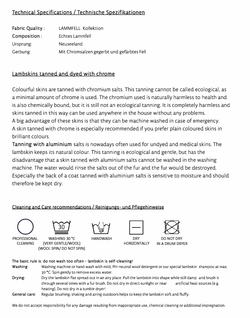 Technisches Datenblatt für Lammfell-Sitzkissen rund.