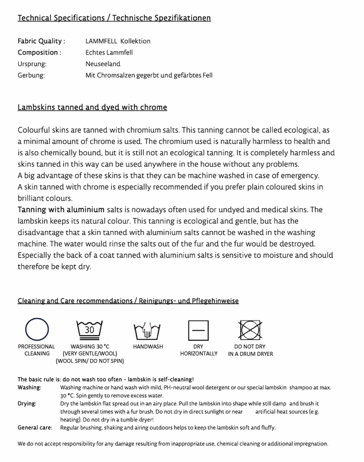 Technisches Datenblatt für Lammfell-Sitzkissen rund.