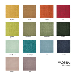 Farb-Musterpalette für Sitzkissen Madeira für Panton Chair von Vitra. Farben erhältlich in yellow, terra, orange, red, green, pistachio, bamboo, forest, water green, turquoise, sky, ocean, nude, lilac.