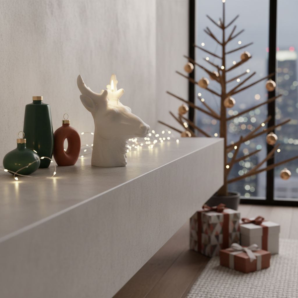 Objektkerze Hirsch, Samt-Lack in elfenbeinfarben