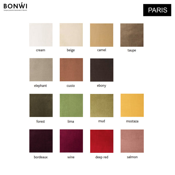  Farbpalette für Sitzkissen aus Samt für Eames Side Chair von Vitra. Samt-Farben erhältlich in cream, beige, camel, taupe, elephant, cuoio, ebony, forest, lima, mud, mostaza, bordeaux, wine, deep red, salmon.