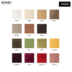 Farbpalette für Sitzkissen aus Samt für Eames Arm Chair von Vitra. Samt-Farben erhältlich in cream, beige, camel, taupe, elephant, cuoio, ebony, forest, lima, mud, mostaza, bordeaux, wine, deep red, salmon.