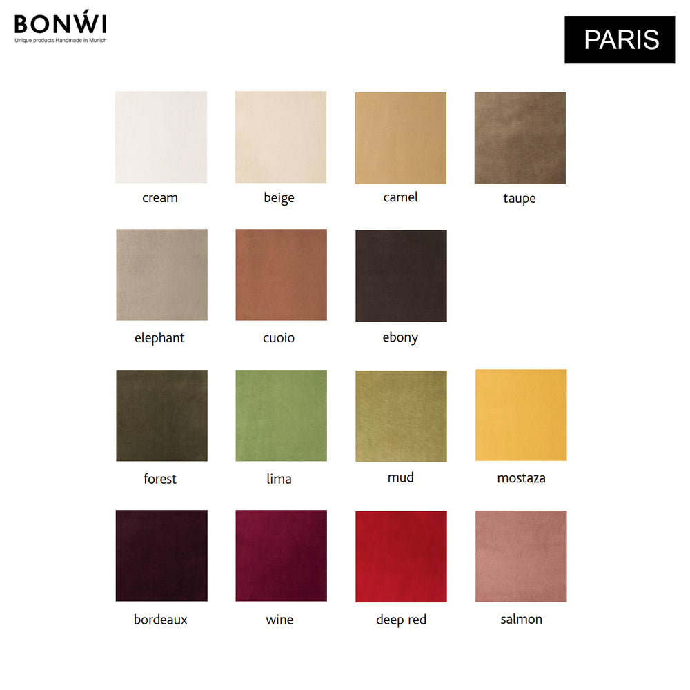 Farbpalette für Sitzkissen aus Samt nach Maß. Samt-Farben erhältlich in cream, beige, camel, taupe, elephant, cuoio, ebony, forest, lima, mud, mostaza, bordeaux, wine, deep red, salmon.