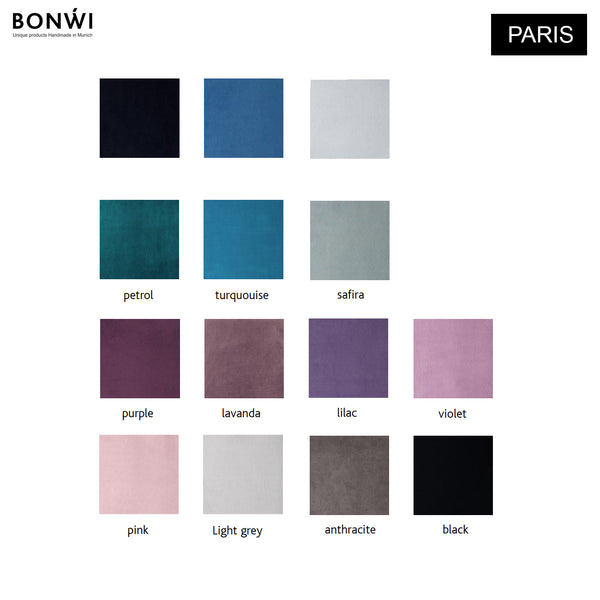  Samtstoff-Farbpalette für Bonwi Bankauflagen. Farben schwarz, blau, grau, petrol, turquoise, safira, lila, lavendel, pink, hellgrau, rosa, anthrazit, schwarz.