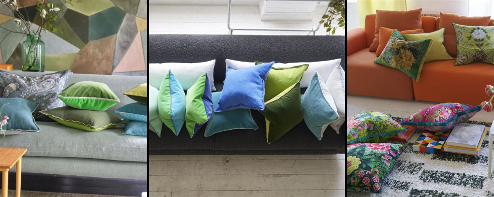 Eine Zusammenstellung verschiedener, hochwertiger Dekokissen von Designers Guild. Die Kissen sind in Wohnzimmern stilvoll eingebunden und werten den Raum auf.