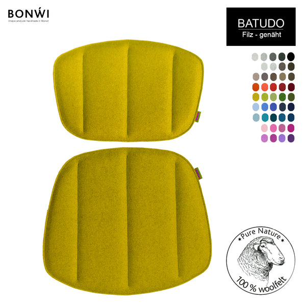  Sitz- und Rückenkissen aus Wollfilz für Bertoia Stuhl von Knoll in gelb mit seitlich gelisteter Farbpalette zur Farbauswahl.
