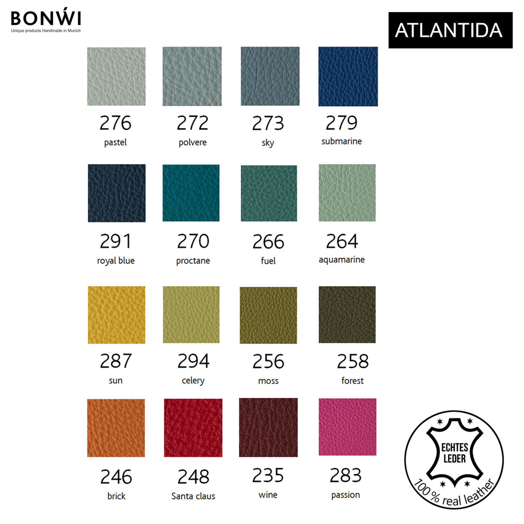 Farbpalette für Sitzkissen aus Leder für Adelaide Lounge Stuhl von Boconcept. Leder-Farben erhältlich in pastel, polvere, sky, submarine, royal blue, proctane, fuel, aquamarine, sun, celery, moss, forest, brick, santa clause, wine, passion.