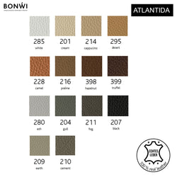 Farbpalette Atlantida für Bonwi Bankauflage aus Rindsleder. Farben weiss, creme, cappucino, desert, camel, praline, hazelnut, truffel, ash, gull, fog, black, earth, cement.