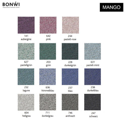 Mango Stoff-Farbkarte für Bonwi Bankauflagen. Farben aubergine, pink, pastell-rose, pastellgrün, grün, dunkelgrün, pastell-mint, lagune, himmelblau, blau, dunkelblau, hellgrau, dunkelgrau, anthrazit, schwarz.