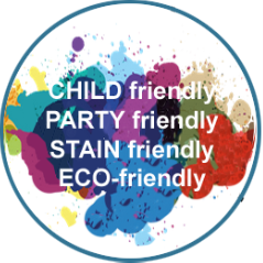 Label für Mango-Stoff Child friedly, party friendly, stain friendly, eco-friendly.
